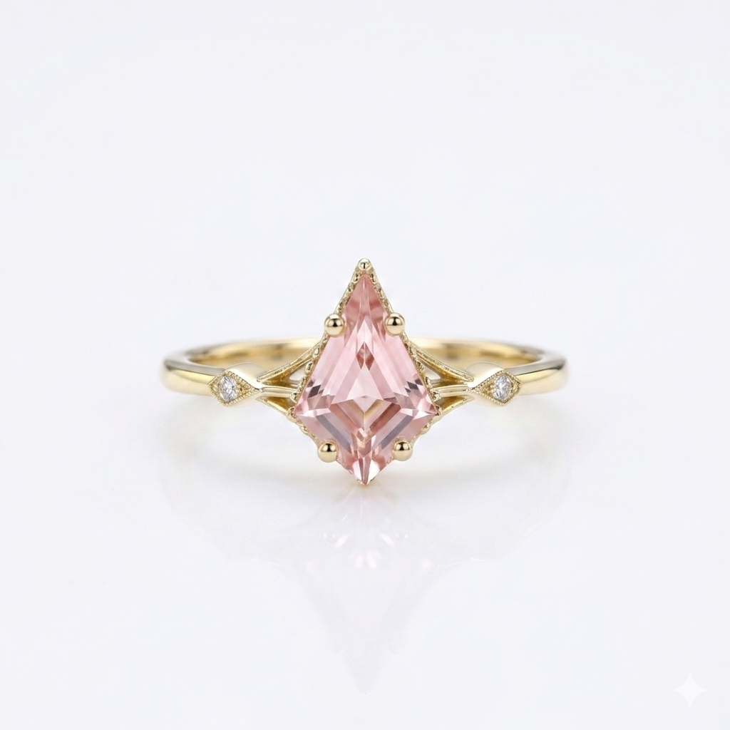 1.35ct Kite Cut Lab Pink Sapphire Engagement Ring • Three Stone Rose Gold Ring