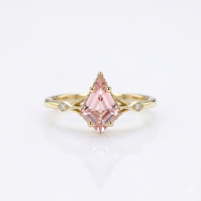 1.35ct Kite Cut Lab Pink Sapphire Engagement Ring • Three Stone Rose Gold Ring