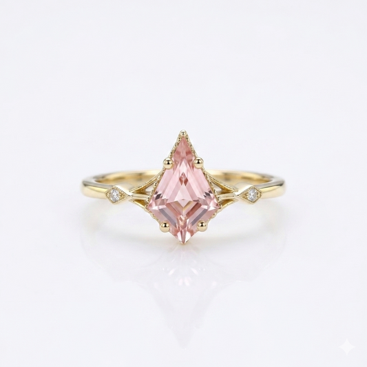 1.35ct Kite Cut Lab Pink Sapphire Engagement Ring • Three Stone Rose Gold Ring