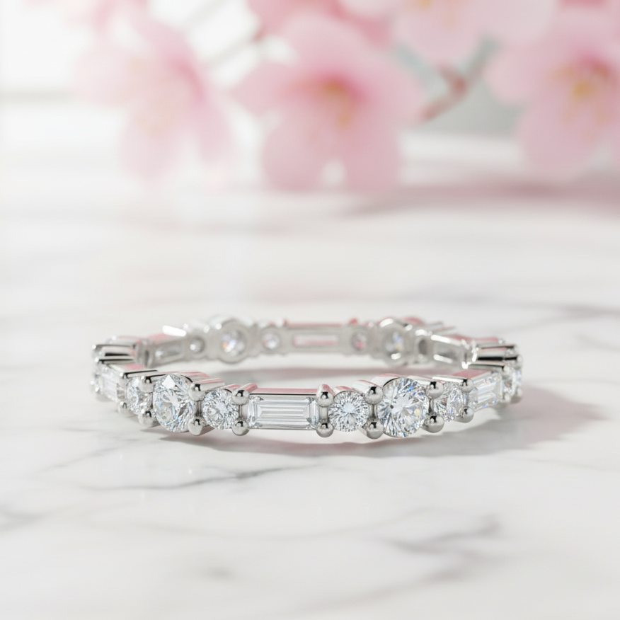 0.90 Ct Round & Baguette Lab Diamond Eternity Band – 14K Gold