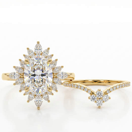 1.60 Ct Oval Lab-Grown Diamond Bridal Ring Set – Floral Halo