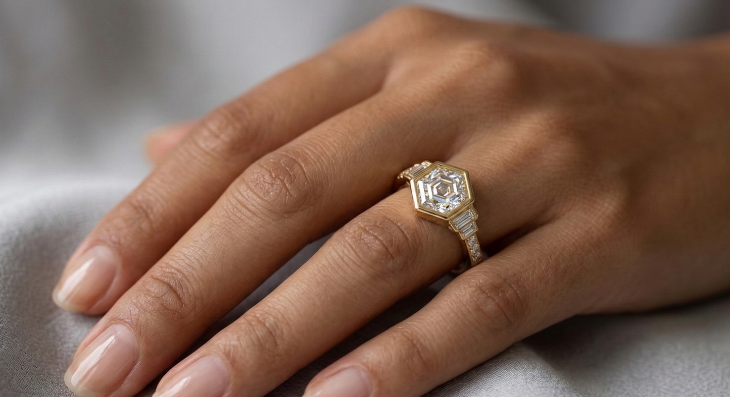 1.60 Ct Hexagon Lab Grown Diamond Ring with Baguette Side Stones