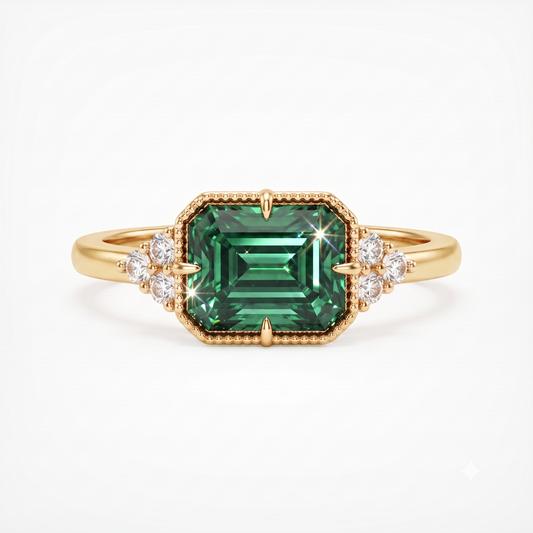 Blue Green Emerald Cut Moissanite Engagement Ring