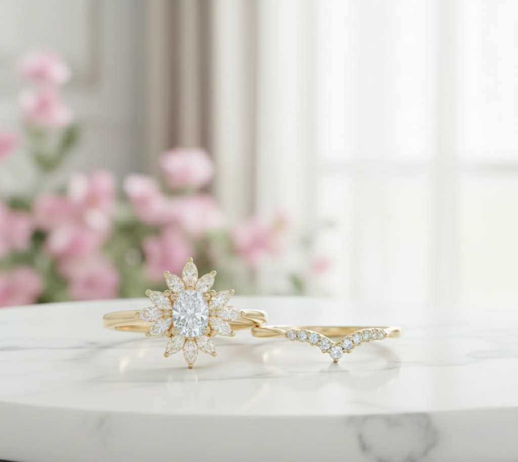 1.10 Ct Oval Moissanite Bridal Set – Sunburst Engagement Ring