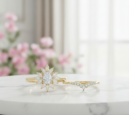 1.10 Ct Oval Lab-Grown Bridal Set – Sunburst Engagement Ring
