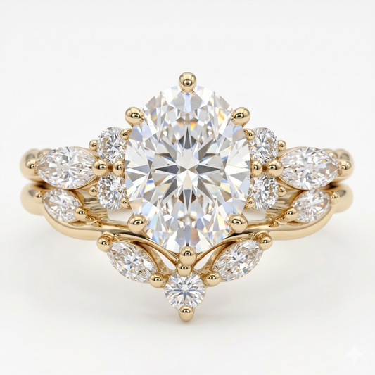 1.660ct Oval cut lab grown Diamond engagement ring set Marquise cut Band