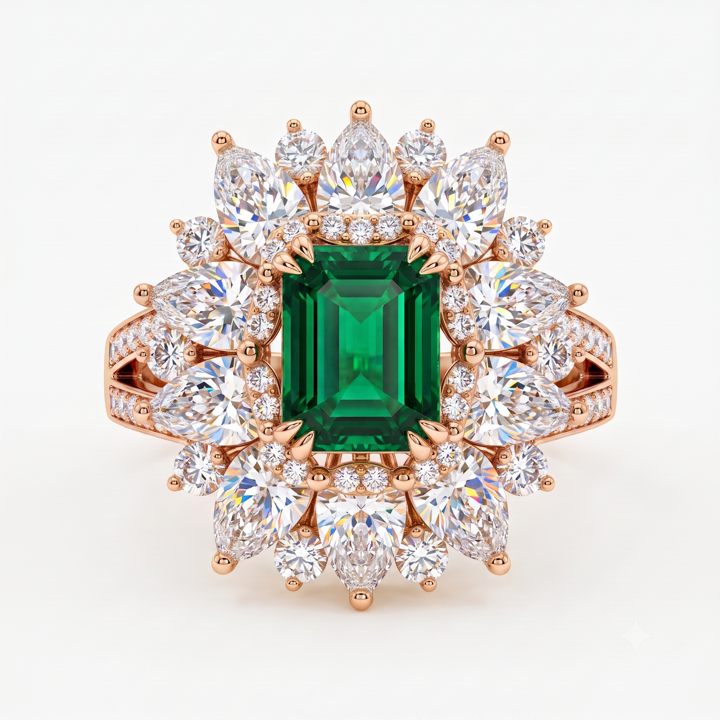 4.30 CT Emerald Cut Emerald Floral Halo Engagement Ring in Gold