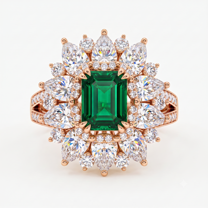 4.30 CT Emerald Cut Emerald Floral Halo Engagement Ring in Gold