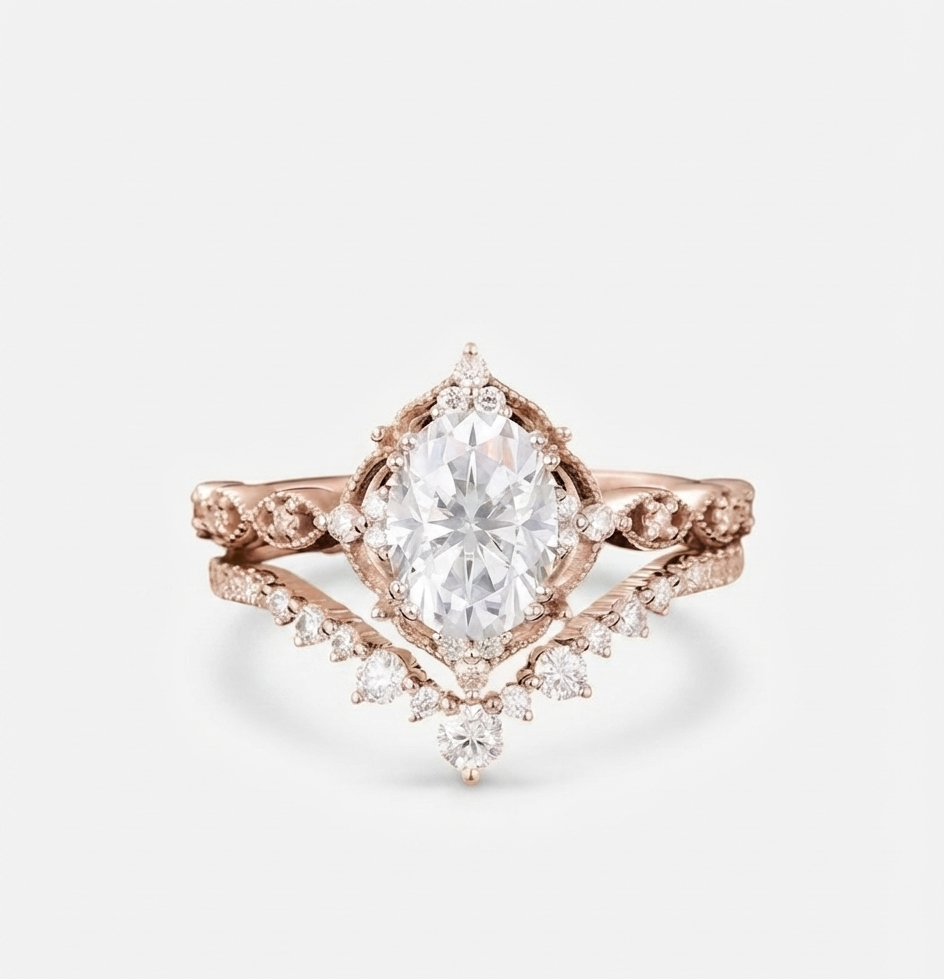 1.650 CT Oval Cut Lab-Grown Engagement Ring, Bridal Set