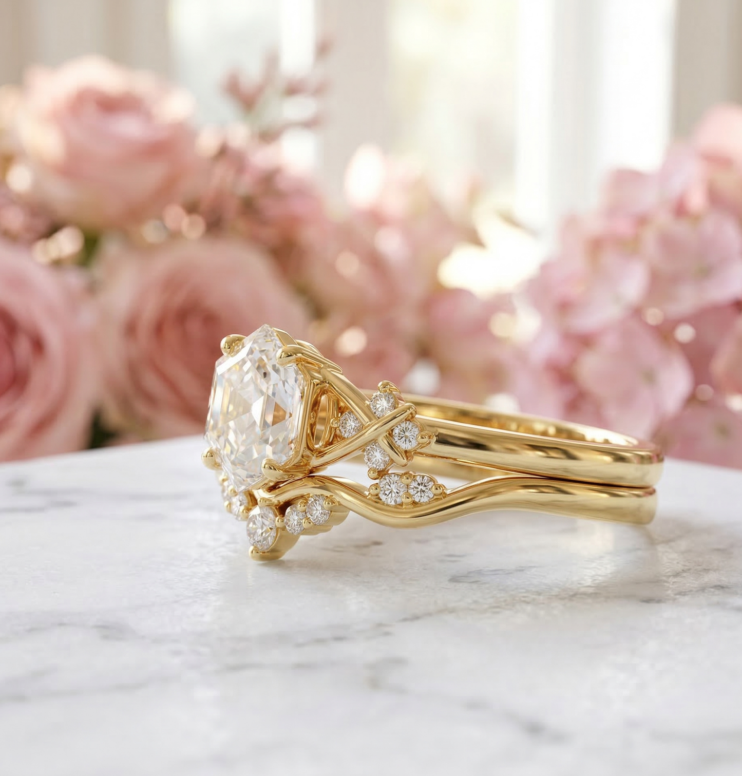 1.17 Ct Hexagon Lab Grown Diamond Art Deco Ring Set