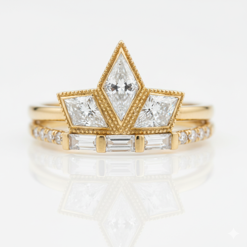 1.20ct Kite Cut Lab Grown Art Deco Three Stone Engagement Ring sets