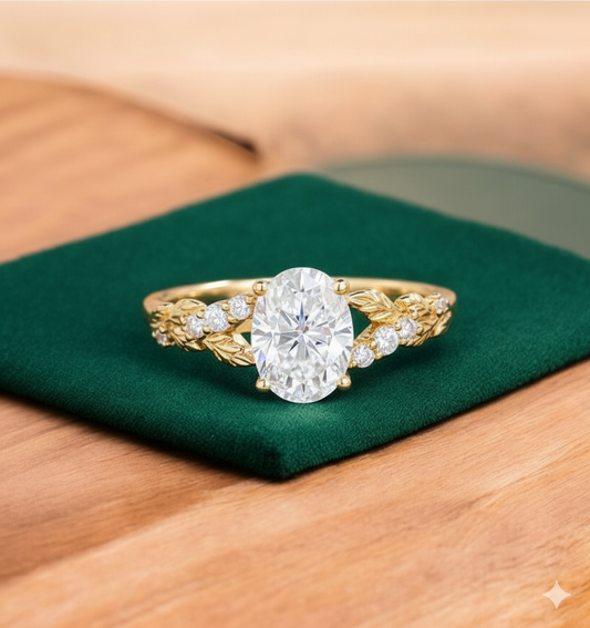 1.360ct Oval Cut Lab Grown Diamond Engagement Ring • Vintage Leaf Art Deco Bridal Ring