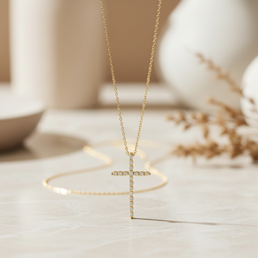 0.120 Ct Moissanite Cross Necklace – 14K Gold Faith Pendant