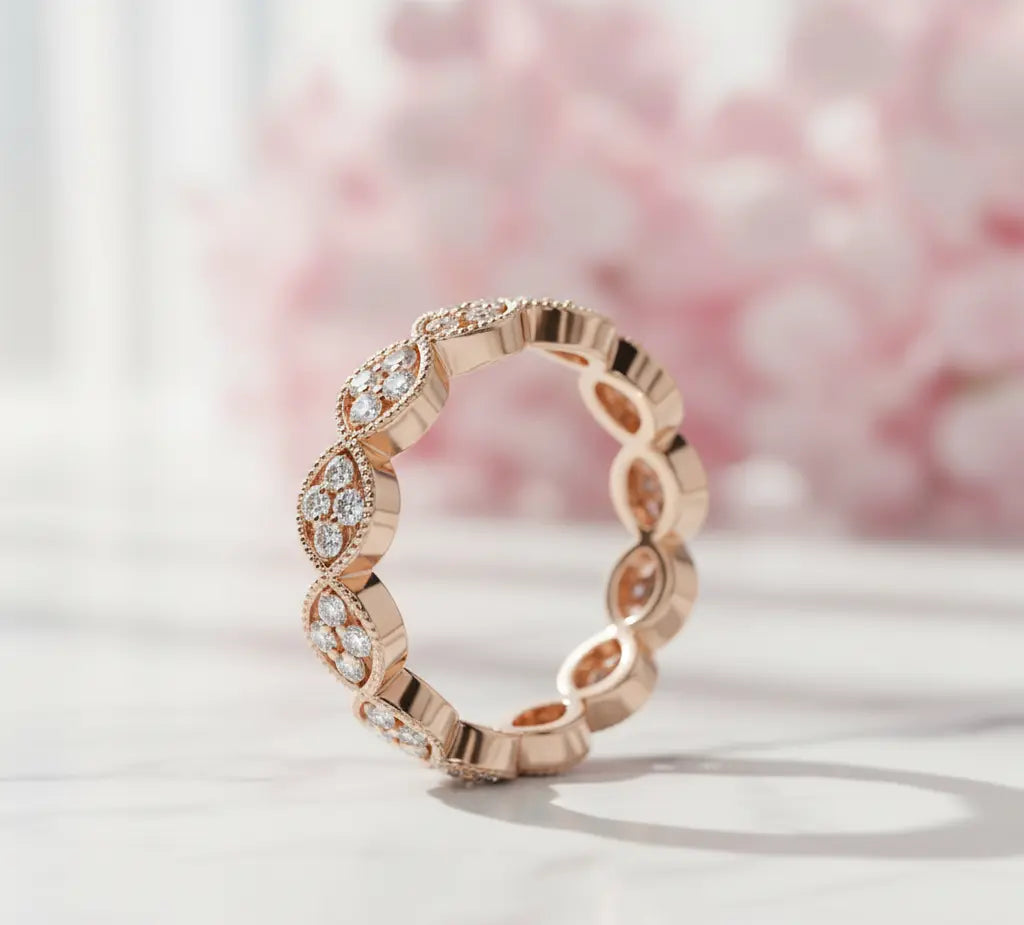 14K Gold Floral Eternity Diamond Band – Vintage Style Wedding Ring