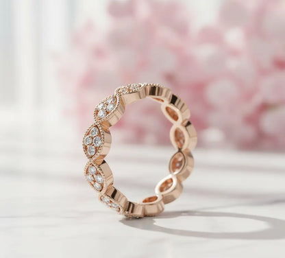 14K Gold Floral Eternity Diamond Band – Vintage Style Wedding Ring