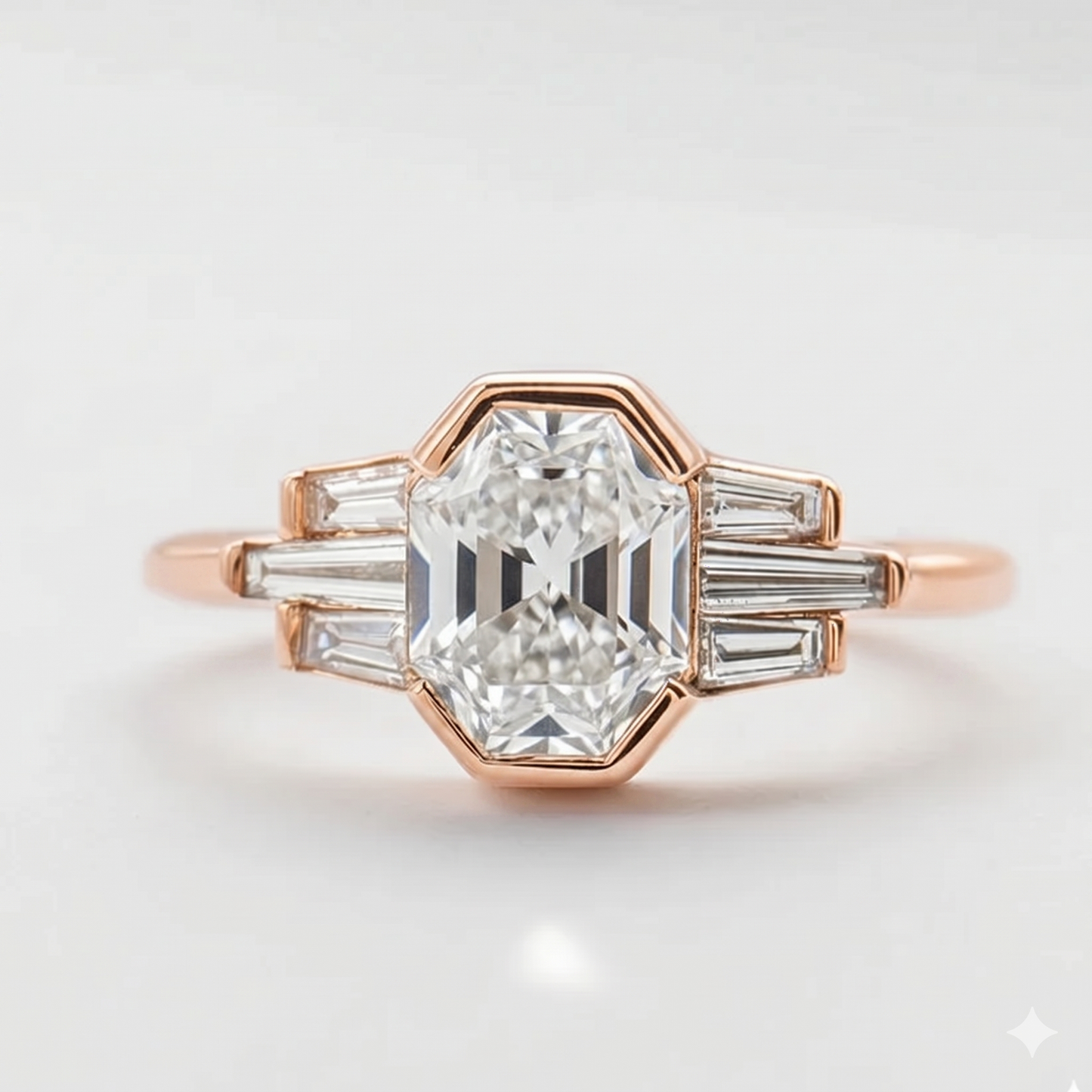 Hexagon Engagement Ring with Baguette Side Stones
