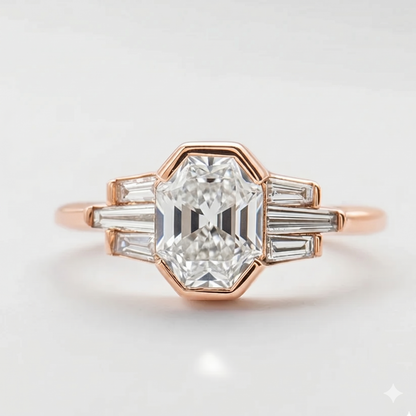 Hexagon Engagement Ring with Baguette Side Stones