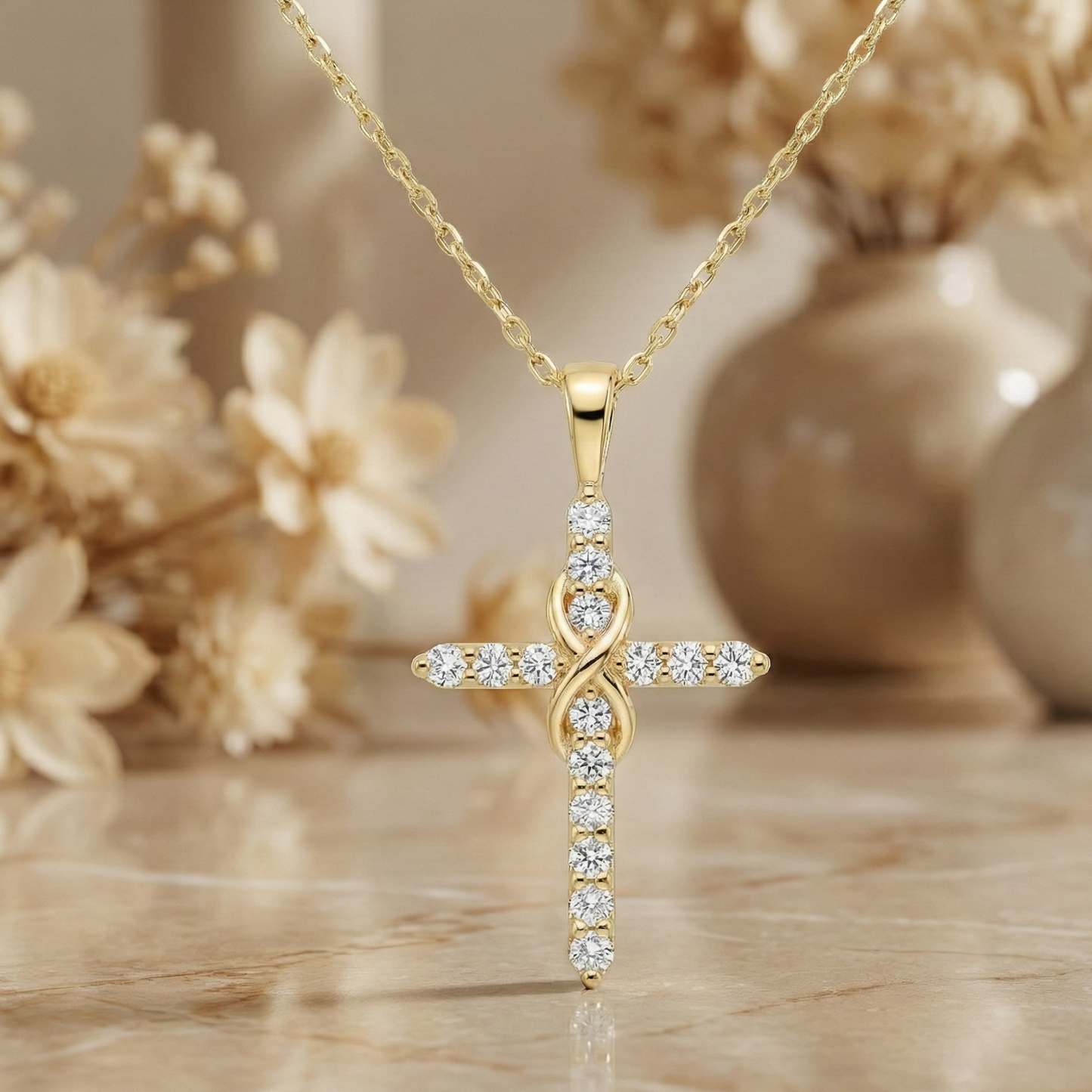 0.150 Ct 14K Solid Gold Lab-Grown Cross Necklace
