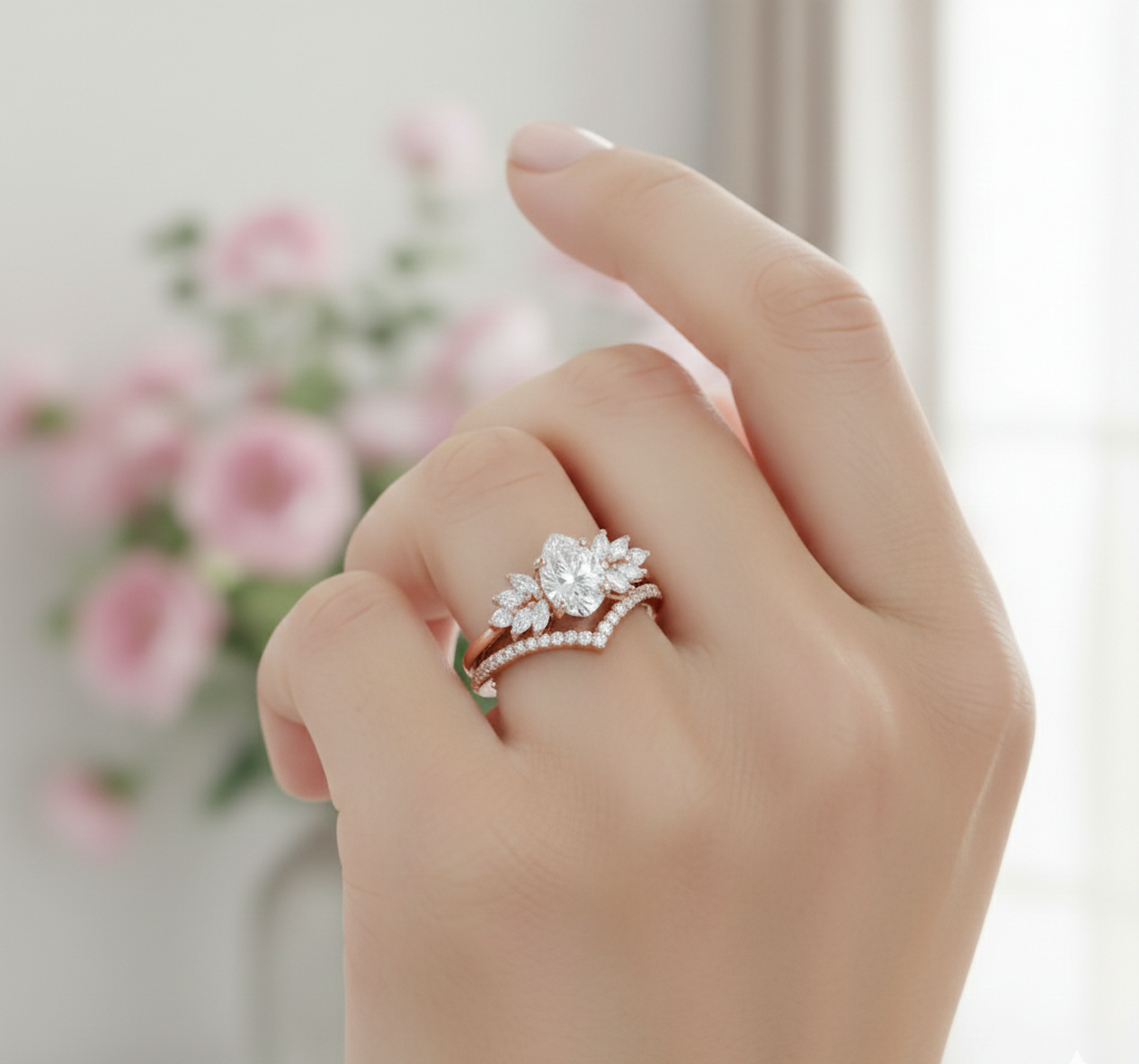 1.60 Ct Pear Moissanite Bridal Set – Leaf Cluster Engagement Ring