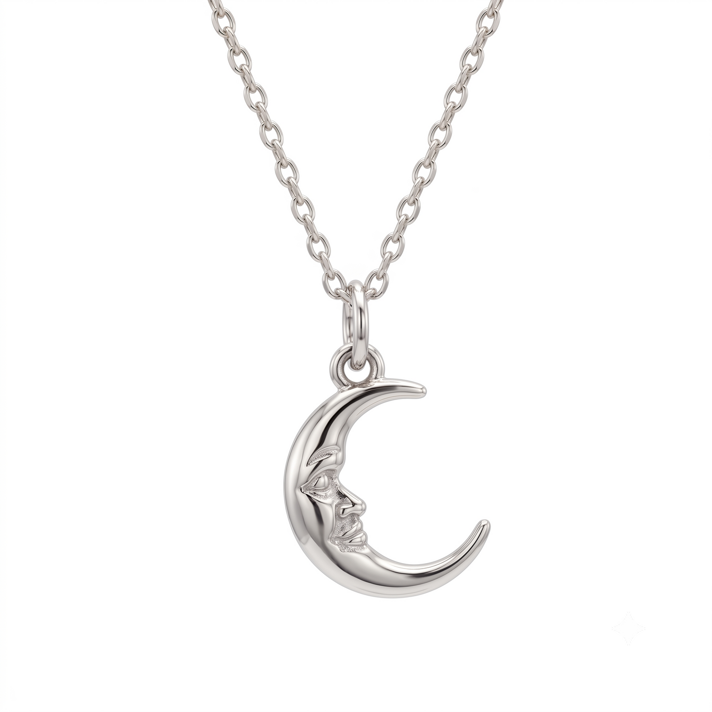 Crescent Moon Face Pendant Necklace, 14K Solid Gold