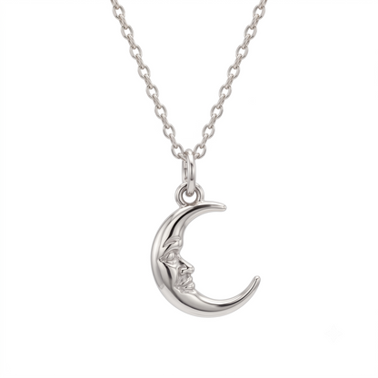 Crescent Moon Face Pendant Necklace, 14K Solid Gold