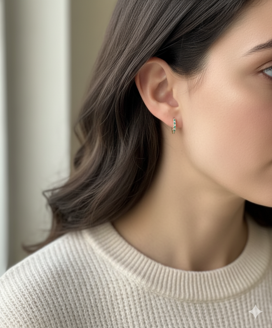 Alternating Lab Grown Diamond and Emerald Petite Hoop Earrings