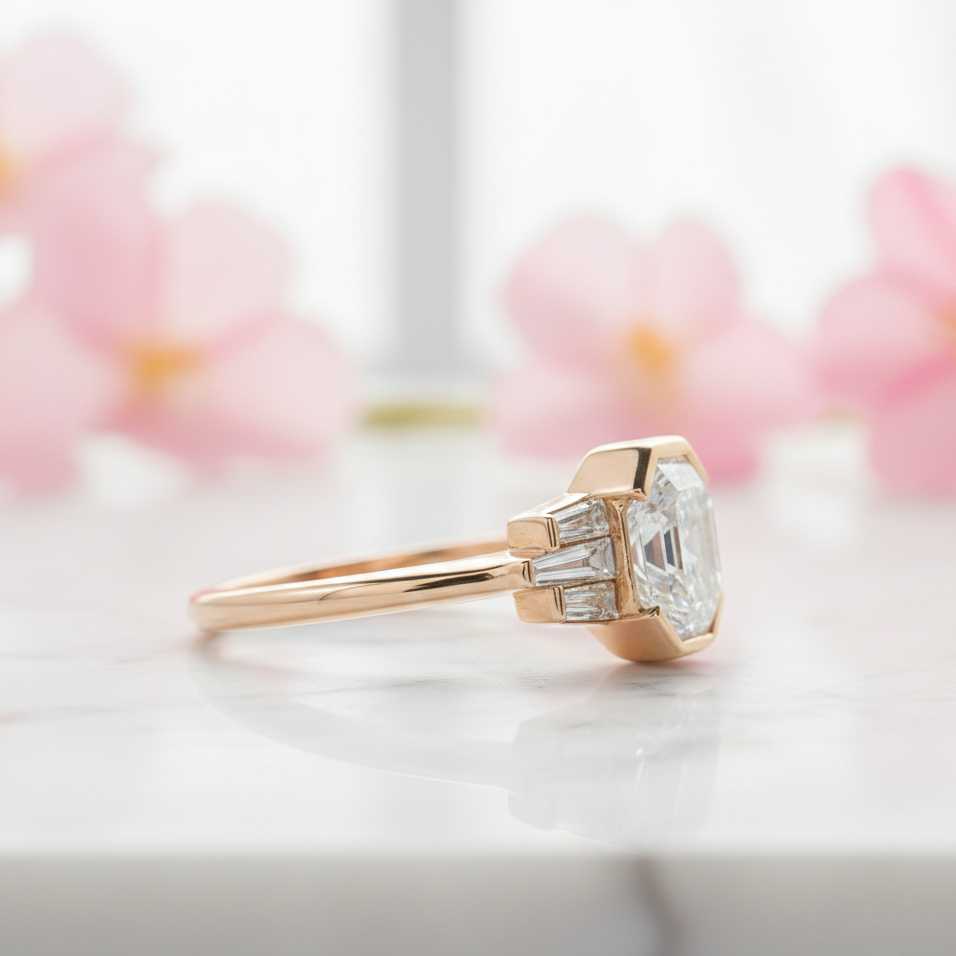 Hexagon Engagement Ring with Baguette Side Stones