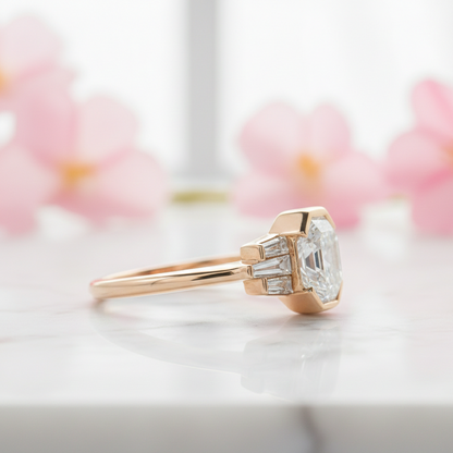 Hexagon Engagement Ring with Baguette Side Stones