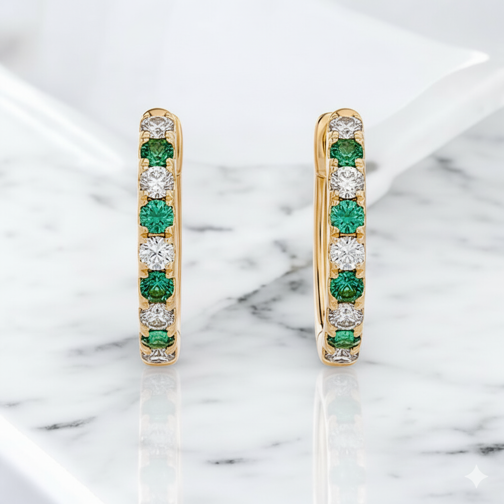 Alternating Lab Grown Diamond and Emerald Petite Hoop Earrings