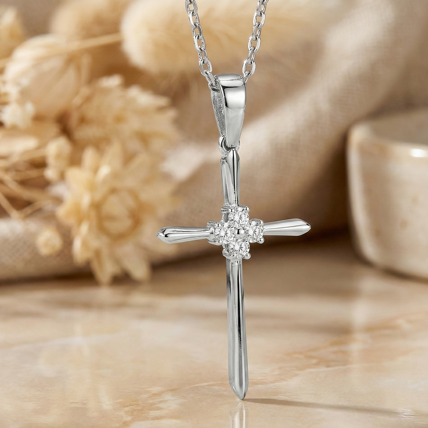 0.40 CT Moissanite Cross Pendant Necklace - 14K Solid Gold