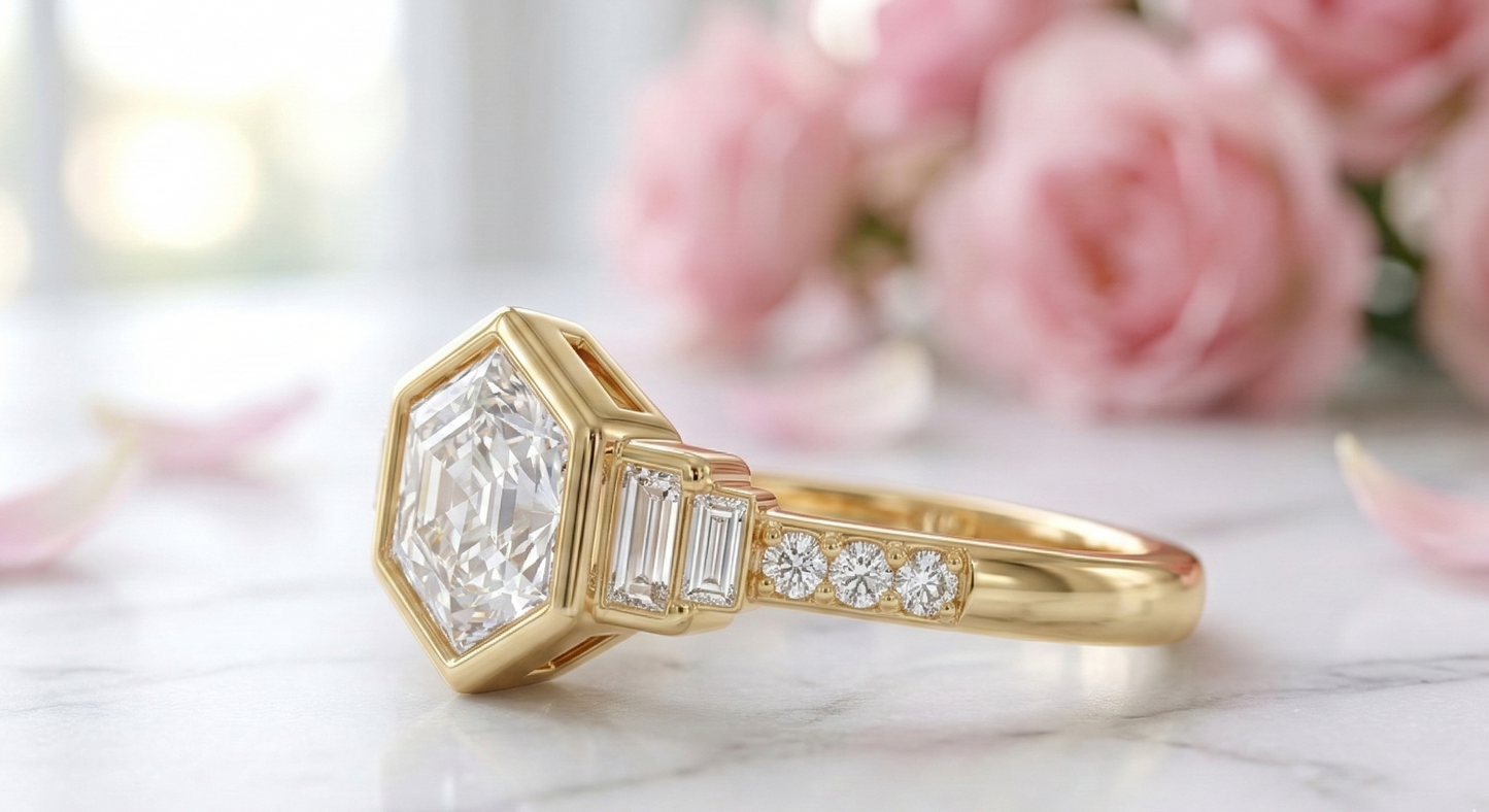 1.60 Ct Hexagon Lab Grown Diamond Ring with Baguette Side Stones