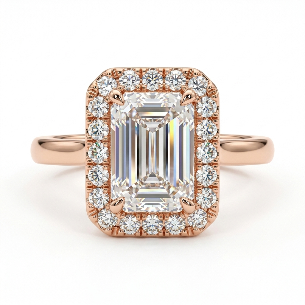 F/VS 1.100 Ct Emerald Diamond Halo Engagement Ring 14k White Gold Lab Grown