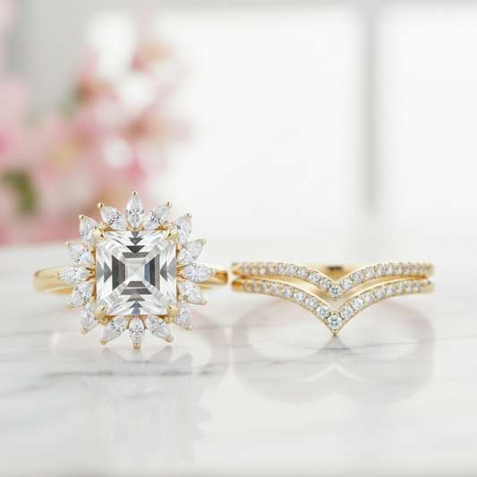 1.50 Ct Princess Cut Moissanite Engagement Ring Set