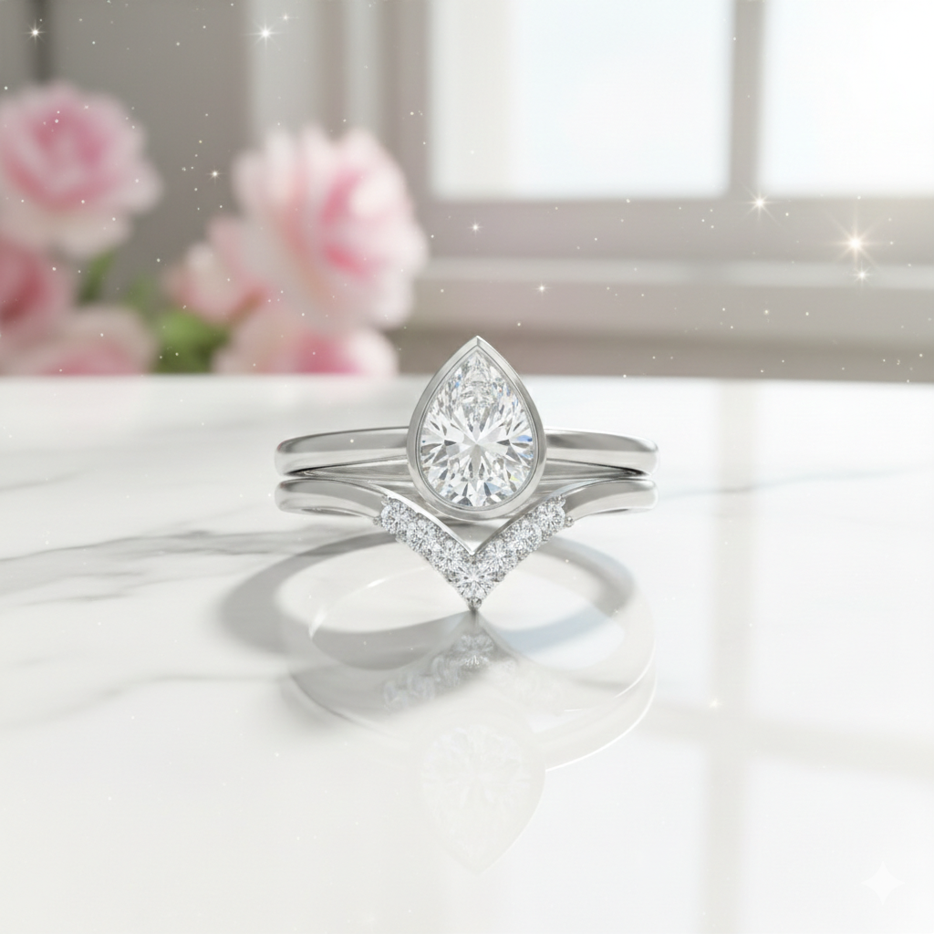 1.10 Ct Pear Cut Lab Grown Diamond Bridal Set – Bezel Engagement Ring