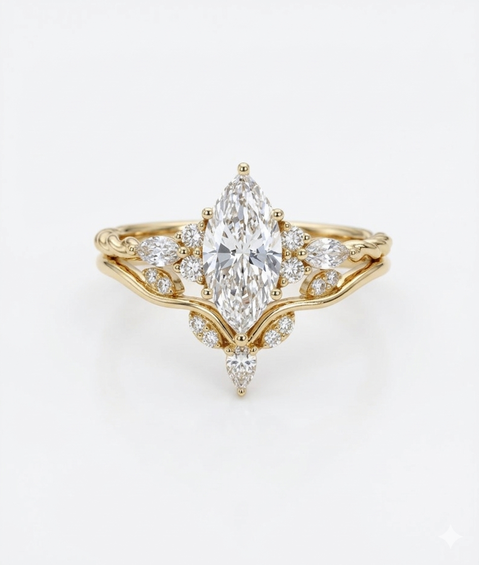 1.350CT Marquise Lab Diamond Ring Set with Curved Wedding Band