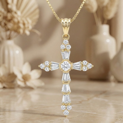 1.37 Carat Lab-Grown  Cross Pendant Necklace – Solid 14K Gold