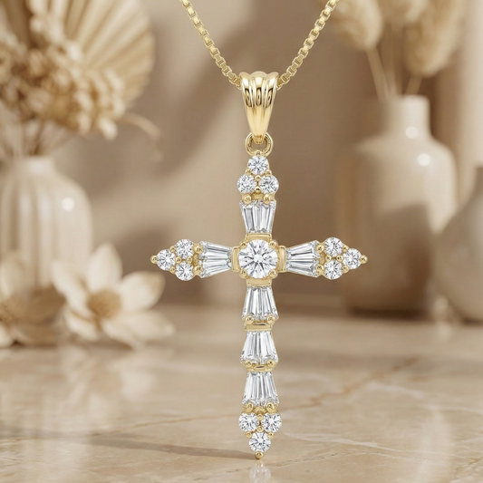 .37 Carat Moissanite Cross Pendant Necklace – Solid 14K Gold