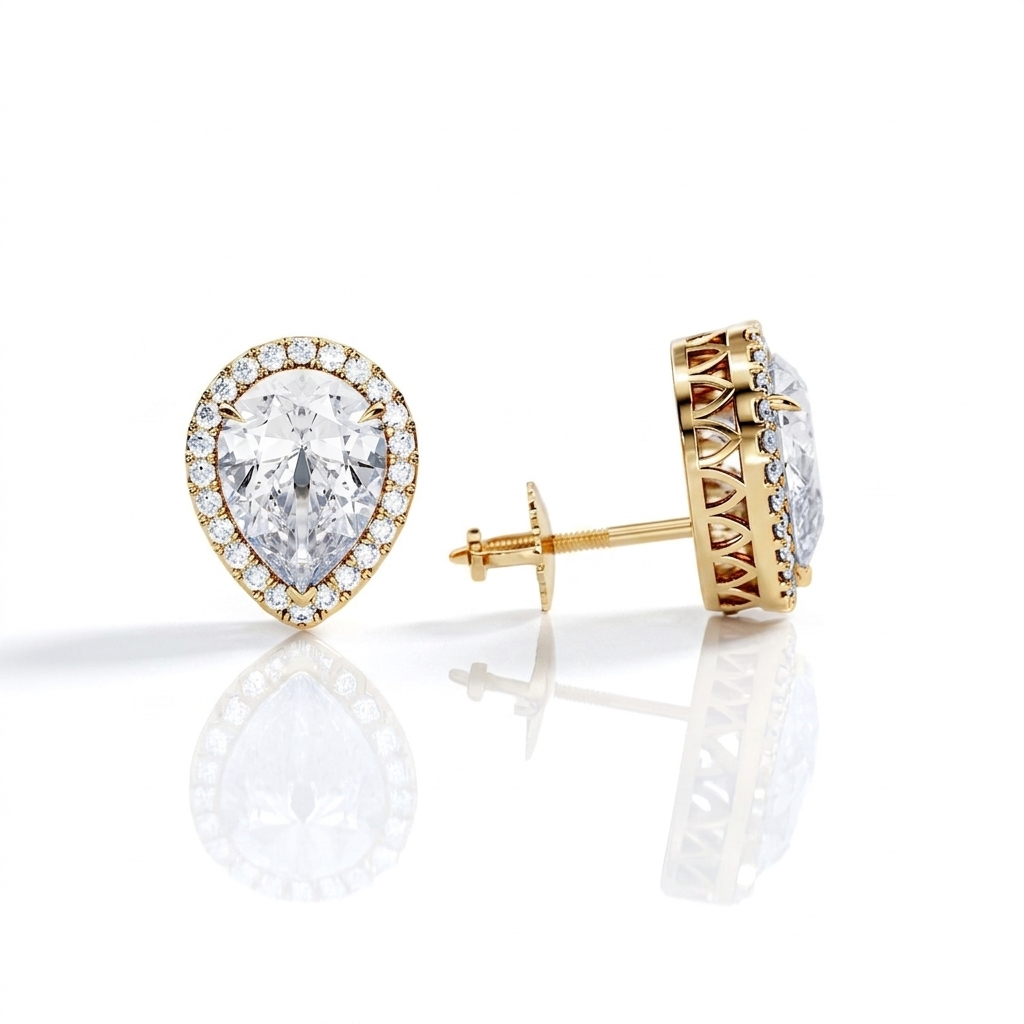 2 Carat Pear Cut Lab Grown Diamond Earrings • Halo Diamond Screw Back Studs