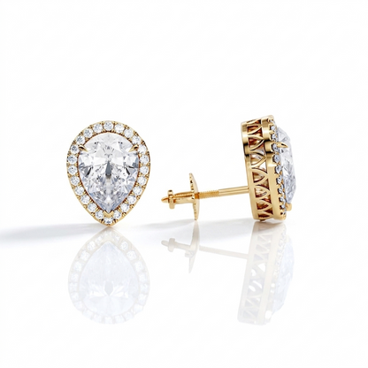 2 Carat Pear Cut Lab Grown Diamond Earrings • Halo Diamond Screw Back Studs