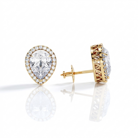 2 Carat Pear Cut Lab Grown Diamond Earrings • Halo Diamond Screw Back Studs