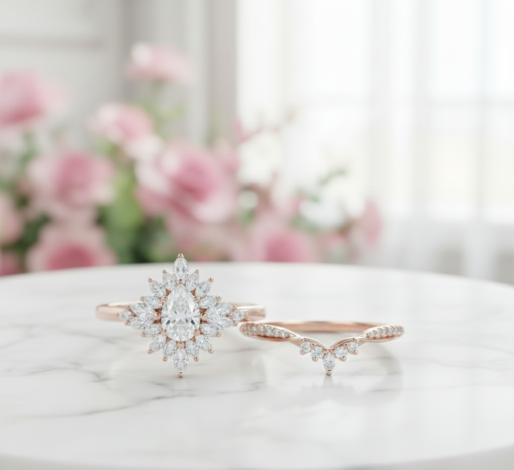 1.70 Ct Pear Cut Diamond Bridal Set – Halo Engagement Ring