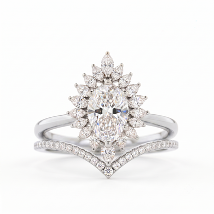 1.50 Ct Pear Cut Floral Halo Lab Grown Diamond Engagement Ring Set