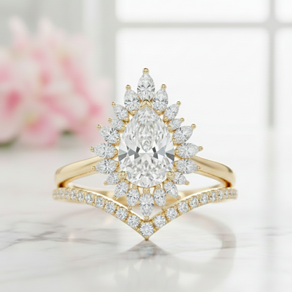 1.80 Ct Pear Cut Floral Halo Lab-Grown Ring Set