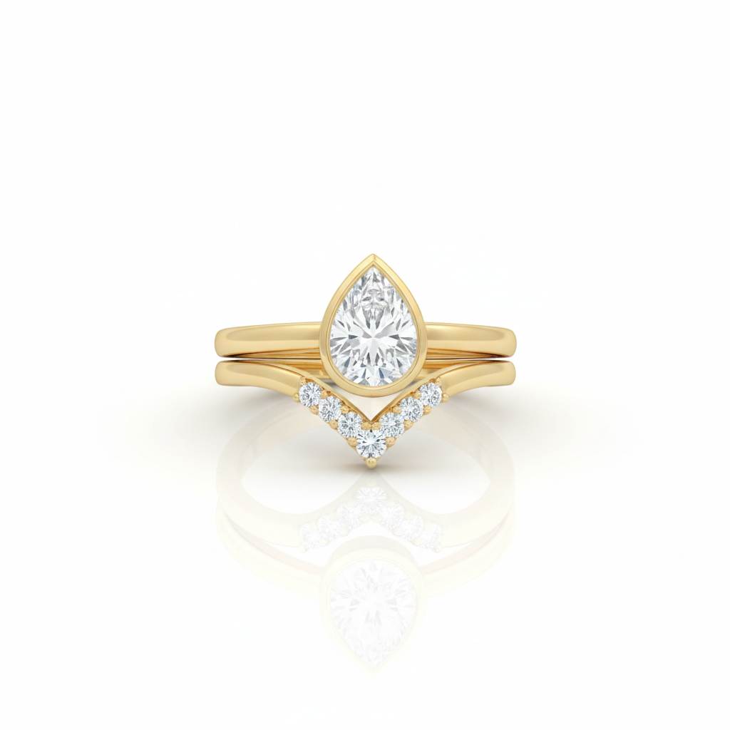 1.10 Ct Pear Cut Lab Grown Diamond Bridal Set – Bezel Engagement Ring