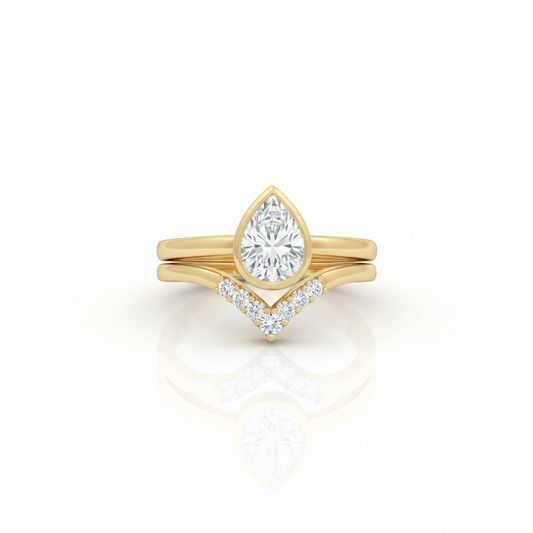 1.10 Ct Pear Cut Lab Grown Diamond Bridal Set – Bezel Engagement Ring