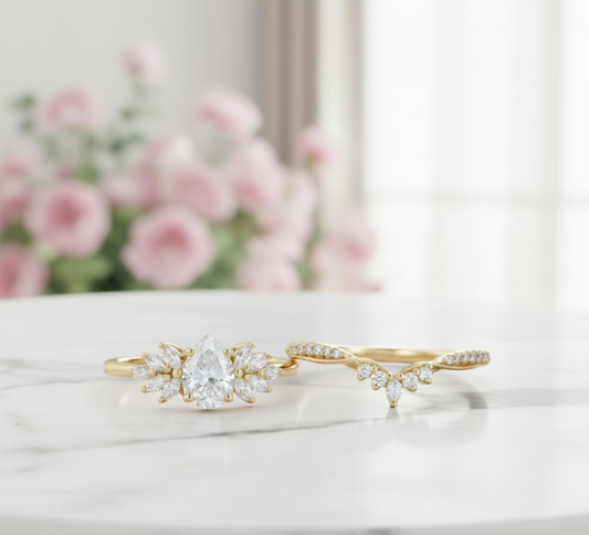 1.60 Ct Pear Moissanite Bridal Set – Leaf Cluster Engagement Ring