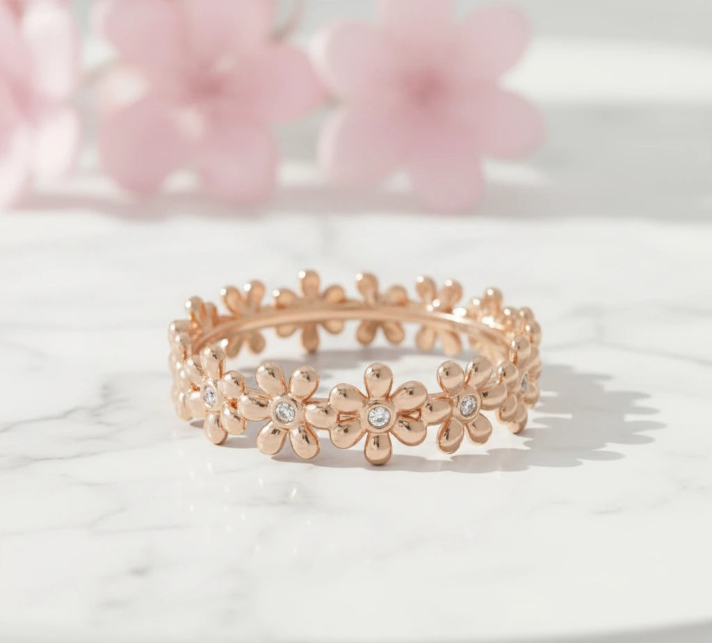 14K Gold  Dainty Daisy Lab Grown Eternity Band
