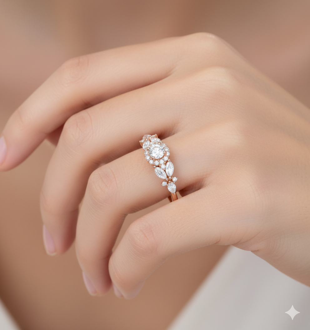 Vintage Cluster 0.6ct Round Cut Lab Grown Diamond Engagement Ring