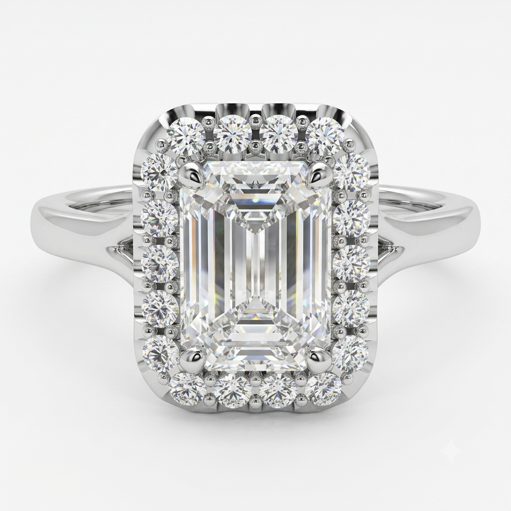 F/VS 1.100 Ct Emerald Diamond Halo Engagement Ring 14k White Gold Lab Grown