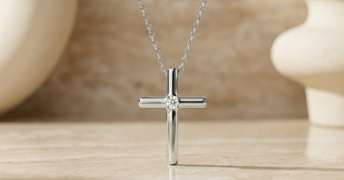 0.100 Ct Moissanite Cross Necklace – Solid Gold Pendant